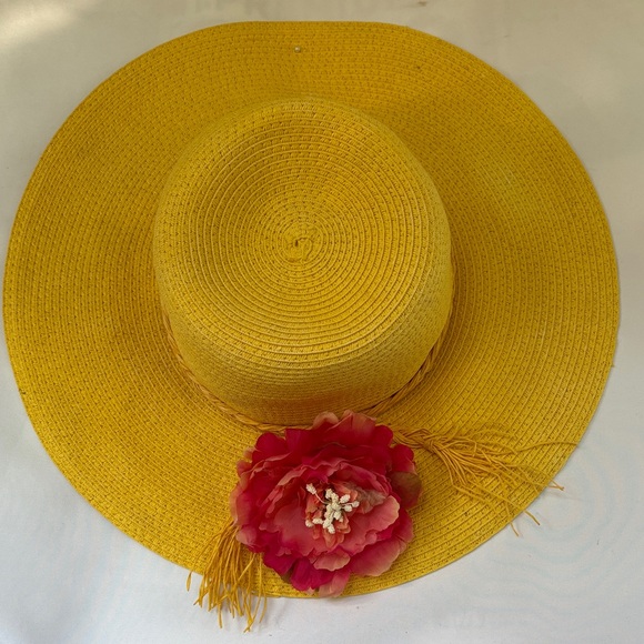 LOVE CULTURE YELLOW SUN HAT WITH PINK FLOWER ACCENT - Picture 2 of 11